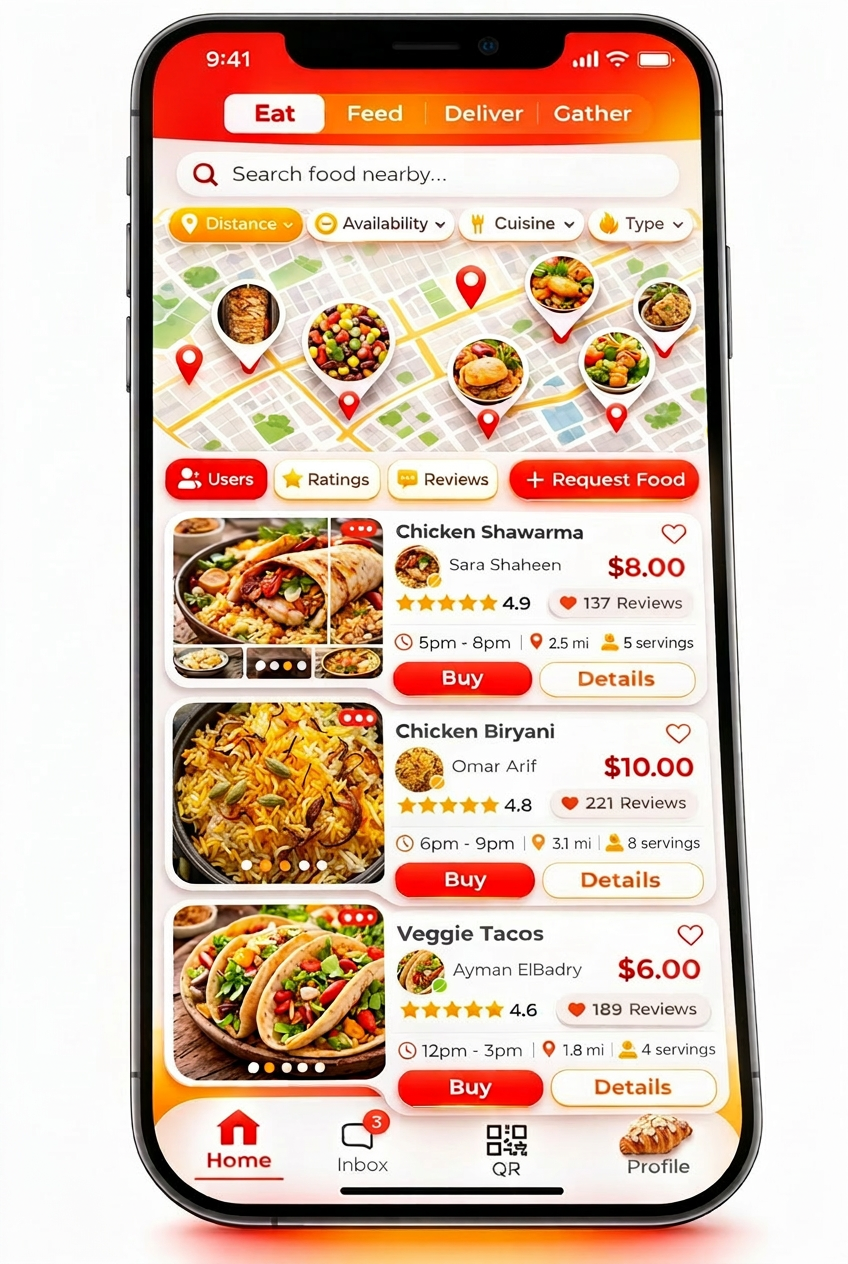 Feed Thy Neighbor Eat tab — browse home-cooked meals near you
